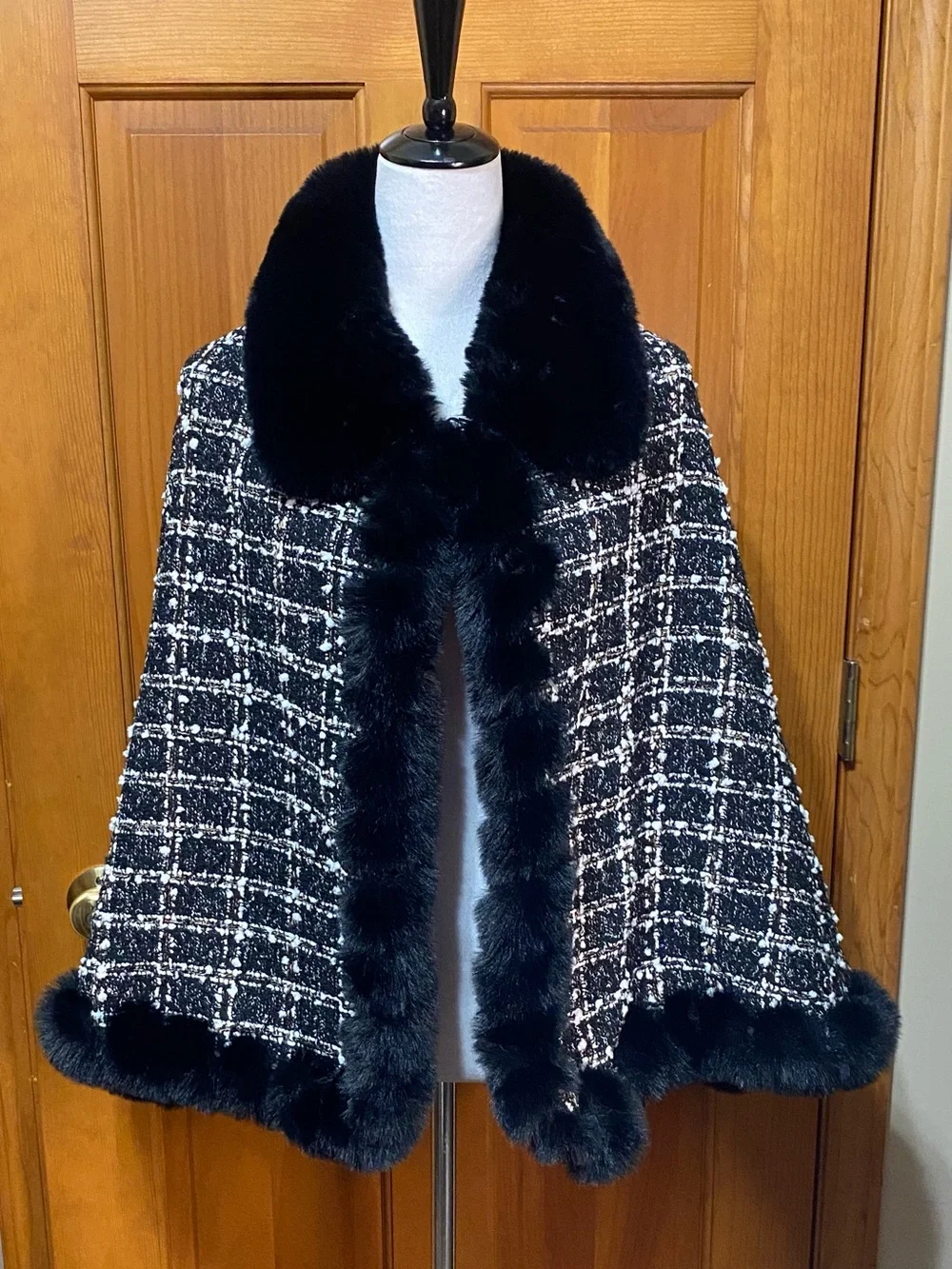 Vince Camuto Tweed Cape with Black Faux Fur Trim